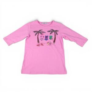Y2K Vtg Quacker Factory Pink Beaded Top XS Tropical Beach Palm Trees Travel Cute